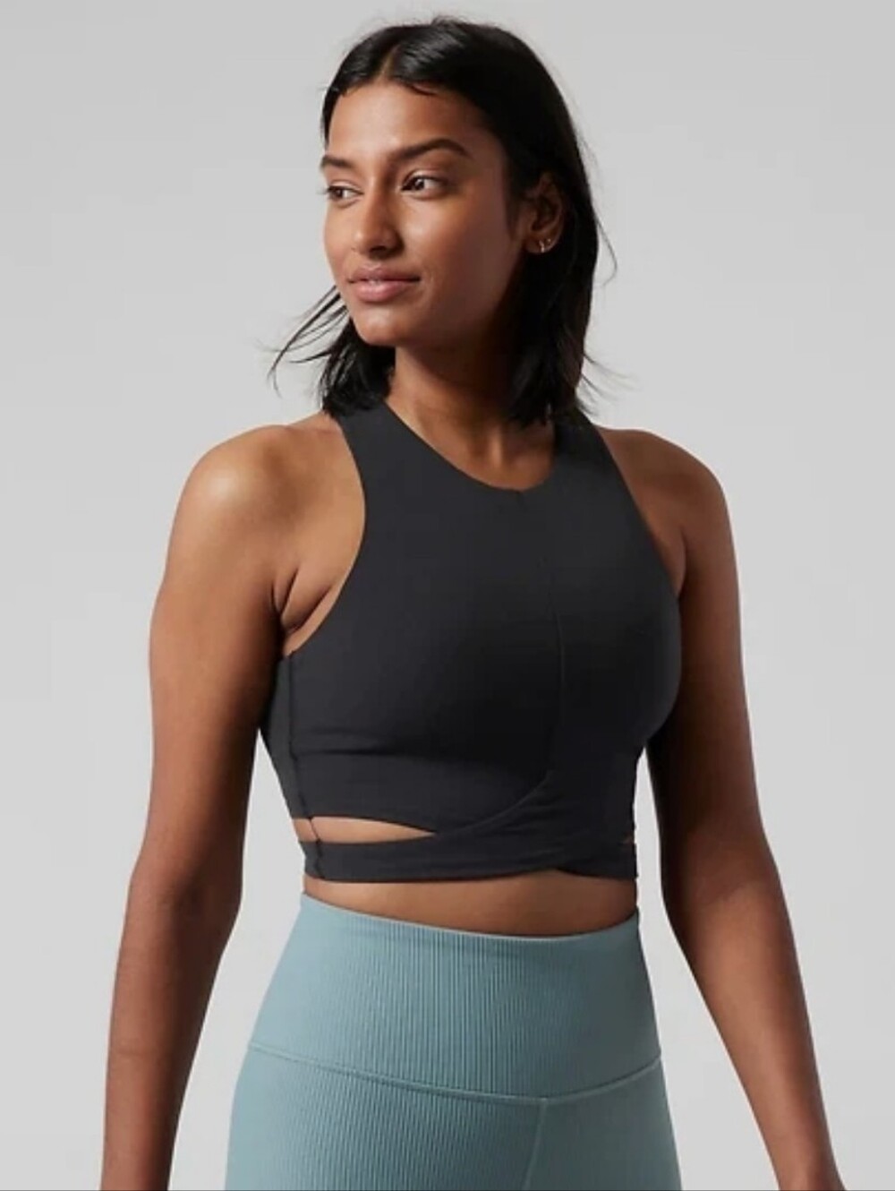 Athleta Conscious Cut Out Crop Top Removable Cups Crossover Black Bra XS